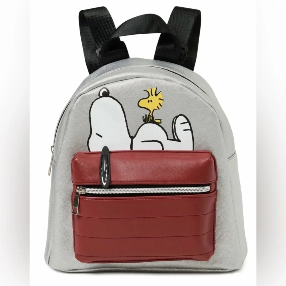 PEANUTS Snoopy Woodstock Mini Backpack Charlie Brown Linus Silver PU w Red Pouch